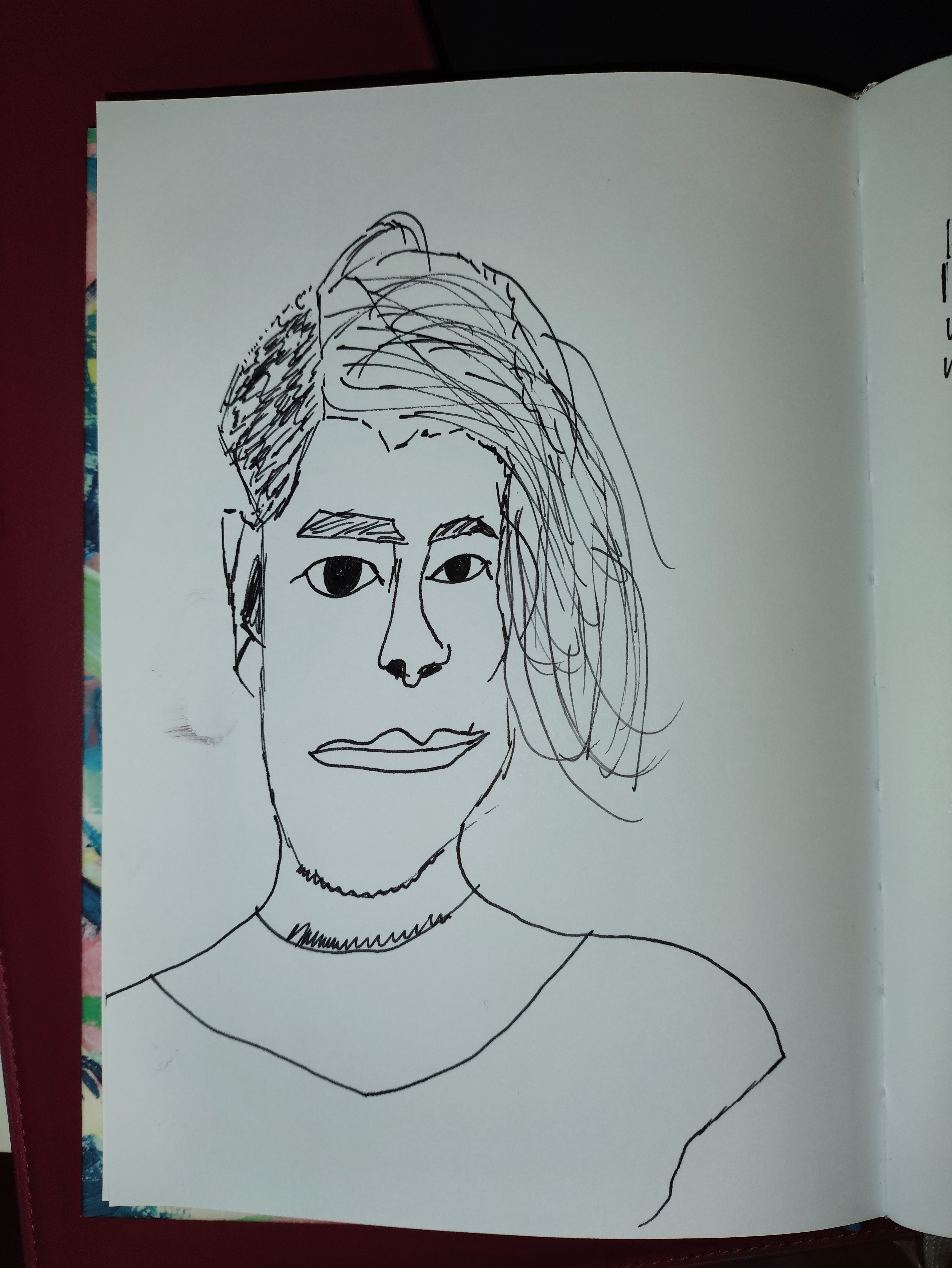 crude sketch of a person's head,
black ink on paper. Their hair is very short on the left side and much longer -
down to the cheeks - on the right side. They have prominent eyebrows. To the
left of the person is a smuch of ink.